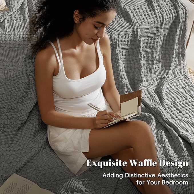 PHF 100% Cotton Waffle Weave Blanket Twin Size for Bed, Soft Lightweight & Breathable, All-Season Comfort, Luxury Aesthetic Woven Bedding for Home Decor, 66"x90", Dark Grey