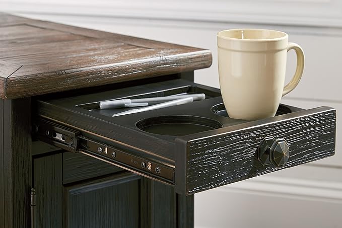 Signature Design by Ashley Tyler Creek Rustic Chair Side End Table with Pull-Out Tray & USB Ports, Brown