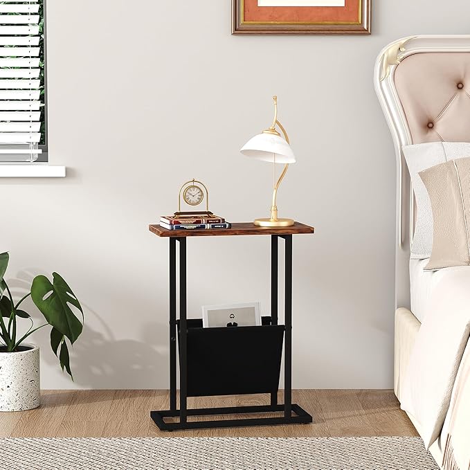 Narrow Side Table for Small Spaces, Small End Table with Magazine Holder, Skinny Slim Little Thin Table for Living Room, Bedroom, Sofa, Rustic Brown
