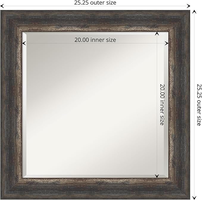 Amanti Art Brown Bathroom Mirror for Over Sink, 25x25 Bark Rustic Char Square Vanity Mirror, Medium Country Rustic Frame, Hangs Horizonally and Vertically, Bathroom Wall Decor, Beveled Edge