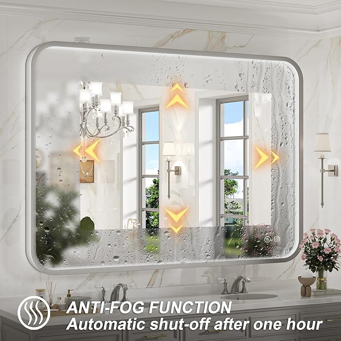 40x30 Inch LED Mirror for Bathroom,Brushed Sliver Metal Frame Lighted Vanity Mirror,Anti Fog Stepless Dimmable,Light Up Wall Mounted Mirror(Horizontal/Vertical)