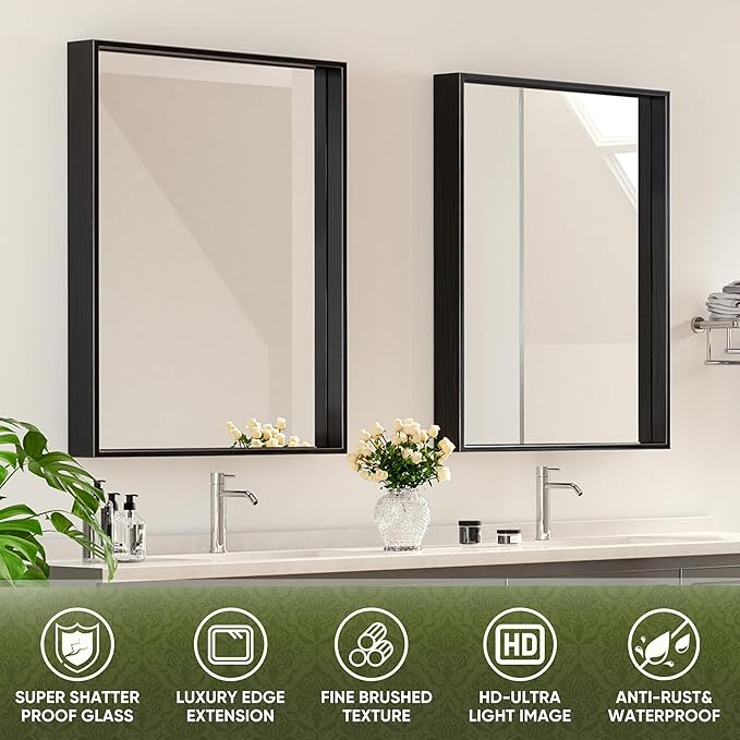 Suidia Bathroom Mirror, 30" x 22" Wall Mirror Metal Framed, Bathroom Vanity Mirror for Living Room Bedroom Bathroom Entryway, Black, Rect Corner Style