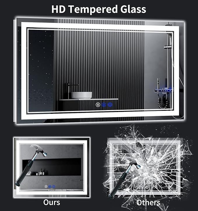 60"x28" LED Bathroom Mirror with Anti-Fog, Stepless Dimmable Lights, 3 Color Modes, Shatter-Proof Tempered Glass, Memory Function & Waterproof Design
