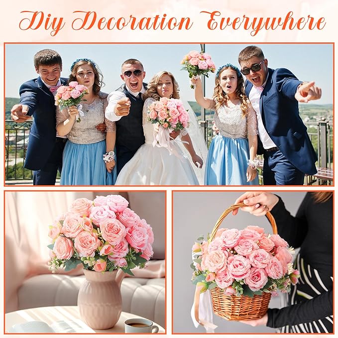 Geosar 8 Bundles Artificial Peonies Flowers Fake Silk Peony Bouquet Faux Peonies Flowers Bulk for Decoration Vase Floral Arrangements Wedding Party Table (Peach Pink,Light Pink)