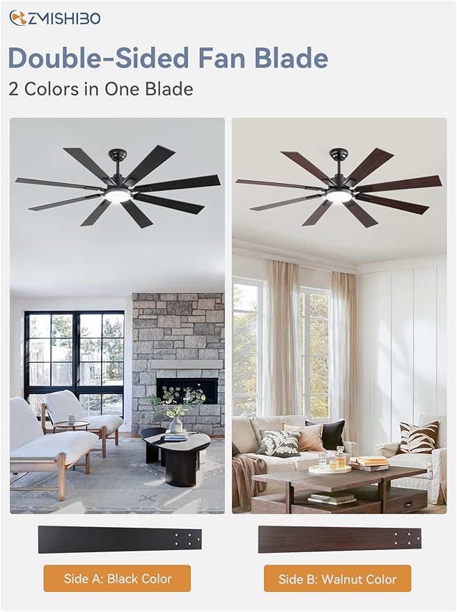 ZMISHIBO 62 inch Large Ceiling Fans with Lights and Remote, Indoor/Outdoor Black Modern Ceiling Fan for Kitchen Living Room Patio, 6 Speed Reversible Quiet DC Motor, 3 CCT, Dual Finish 8 Blades