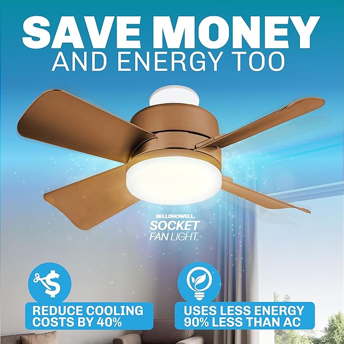 Bell+Howell Socket Breeze Socket Fan Light with Remote, Portable Small Ceiling Fans with Lights for Bedroom, Kitchen, Living Room, Ceiling Fan with Light 3500K, 1000 Lumens, Screws into E26/E27