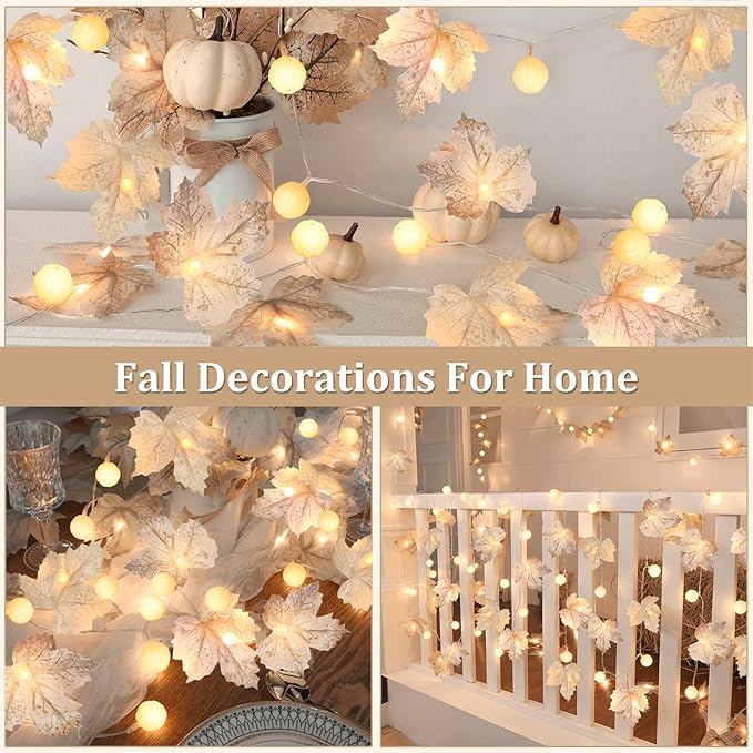 Thanksgiving Decorations-3 Pack 60LED Pumpkin Lights Fall Garland with 3D Pumpkin Enlarged Maples Leaf Battery Operated Pumpkin Thanksgiving Decor Autumn Fall Decor for Home Indoor Outdoor Holiday
