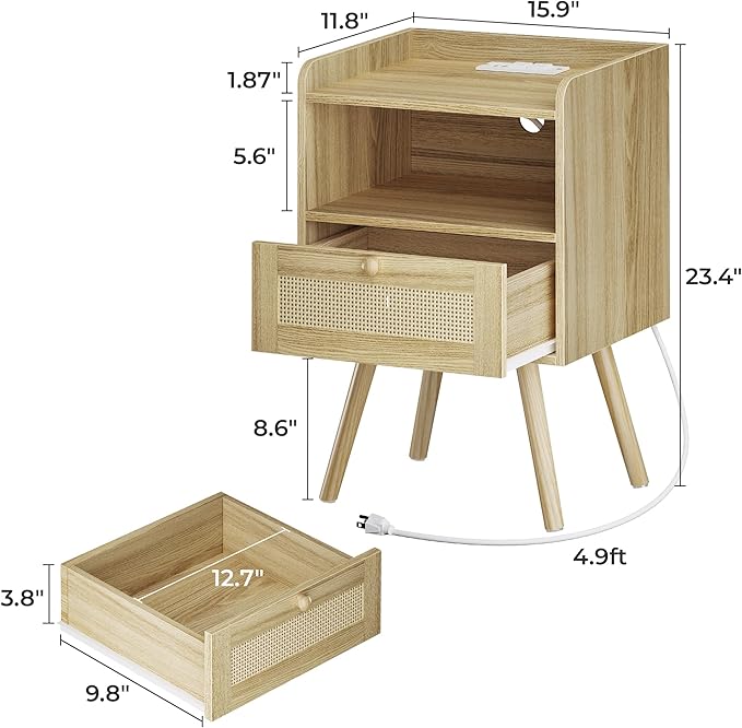 SUPERJARE Nightstand with Charging Station & Rattan-Like Decor Drawer, Rattan End Table with Solid Wood Feet, Bed Side Table with Open Storage, for Bedroom, Living Room, Dormitory - Natural
