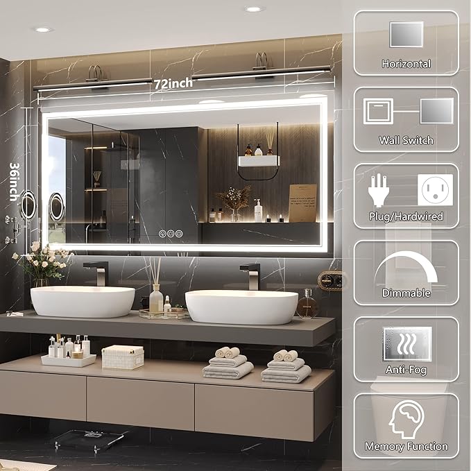 72x36 Inch Led Mirror for Bathroom with Front Light and Backlit, Dimmable Anti Fog Wall Bathroom Mirror with Led Lights, Water Proof, Decor Vanity Mirror