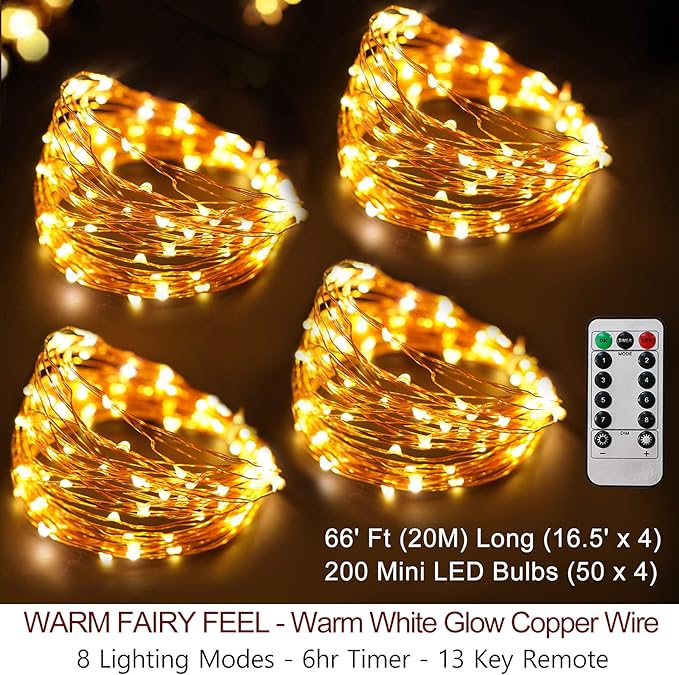 Bright Zeal 66 Ft 200 LED 8 Mode Christmas Fairy Lights Battery Operated with Remote - Warm White Multifunction Christmas Lights with Timer -Dimmable Flashing Chasing Twinkle Lights Outdoor