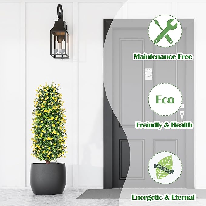 Sunnyglade 2 Packs Artificial Rose Tree 3FT- Fake Floral Plant Tree in Pot- Decorative Topiary Plant - Cement Filled Potted Faux Flower Plant for Home Office Porch Decor Indoor Outdoor(Yellow)