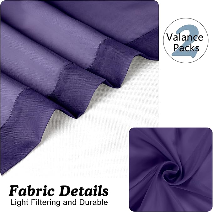 Chyhomenyc Sheer Valances for Windows 2 Packs, 42Wx14L Inches Small Window Valance for Living Room Bathroom Cafe Laundry Basement, Elegant Rod Pocket Voile Valance, Purple