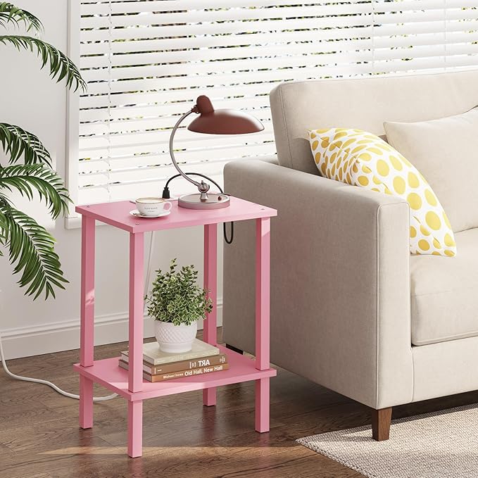 TUTOTAK End Table with Charging Station, Set of 2, Small Side Table with Outlets, Nightstand Bedside Table, 2-Tier Storage Shelf for Small Space, Living Room, Bedroom Pink TB01BP041
