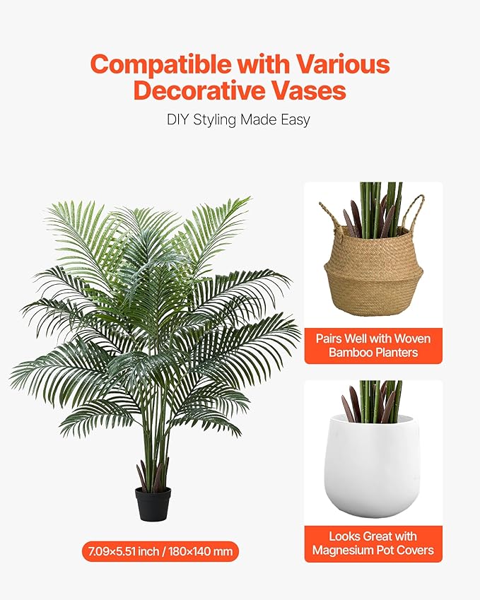 VEVOR Artificial Areca Palm Tree 6 ft, Fake Palm Tropical Plants with White Tall Planter, Faux Floor Silk Plant in Pot, Large Trees for Home Office Living Room Decor House Warming, Indoor Outdoor