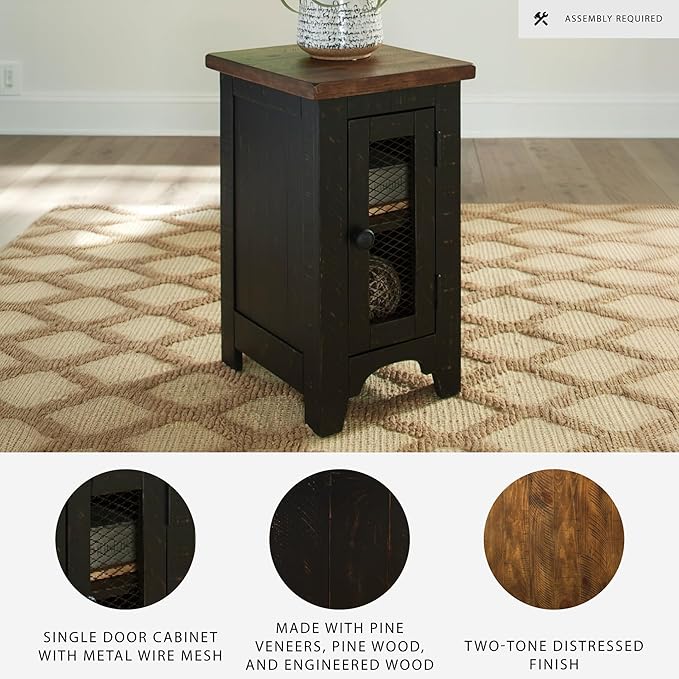 Signature Design by Ashley Valebeck Rustic Farmhouse Chair Side End Table with Cabinet Door, Distressed Black