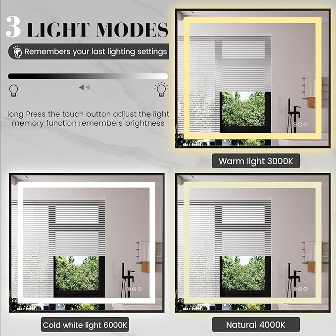 LED Bathroom Mirror,40"x36" Mirror with Black Frame, Front Light and Backlit, Stepless Dimmable, Anti-Fog, Shatter-Proof, Memory, 3 Colors, Double LED Vanity Mirror