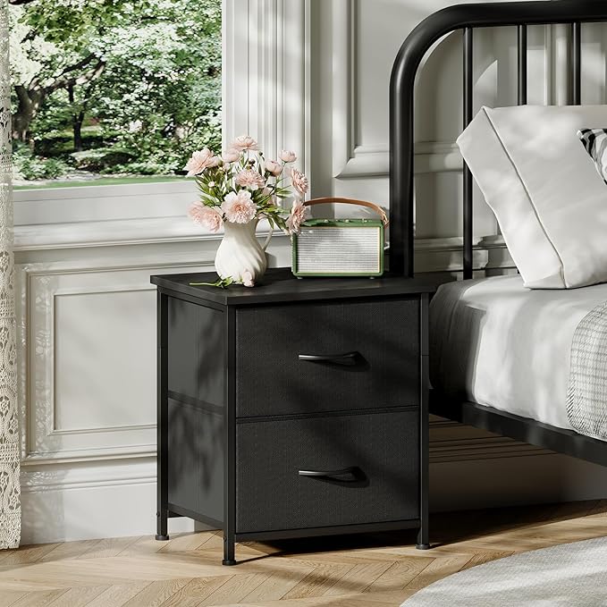 Somdot Nightstand, Small Dresser for Bedroom with 2 Drawers, Bedside Table Night Stand End Table with Fabric Bins for Bedroom Kids Closet Dorm Guest Room, Black