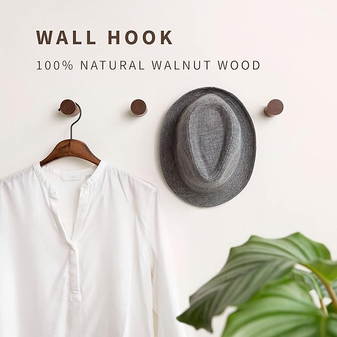 Natural Wooden Wall Mounted Hooks - Pack of 4 - Modern - Handmade Decorative Wood Pegs Minimalist for Hanging Hat, Coats (Black Walnut Wood)
