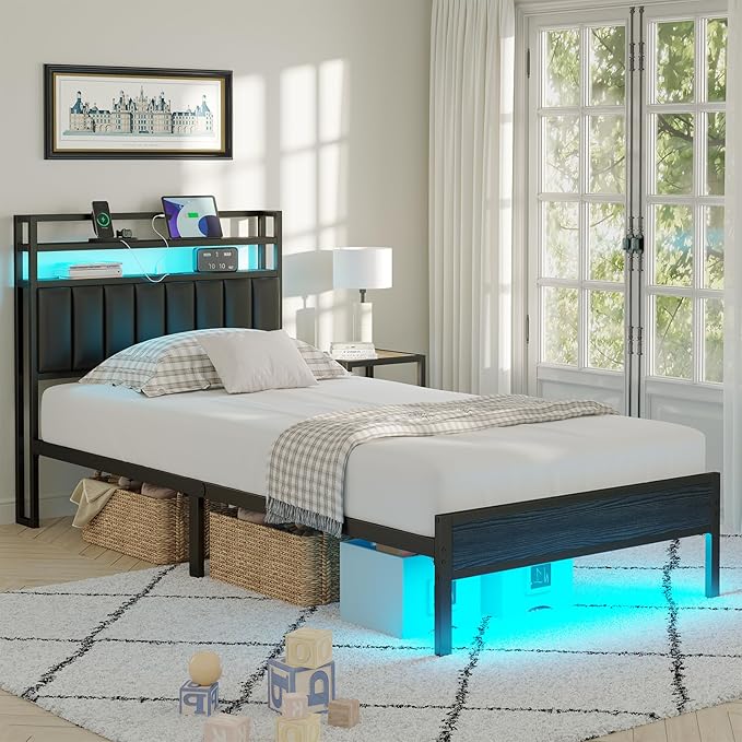 Twin Size Bed Frame with Charging Station and LED Lights, Metal Bed Frame with Headboard, Black Upholstered Headboard with 2-Tier Storage Shelves, Noise Free, No Box Spring Needed, Black