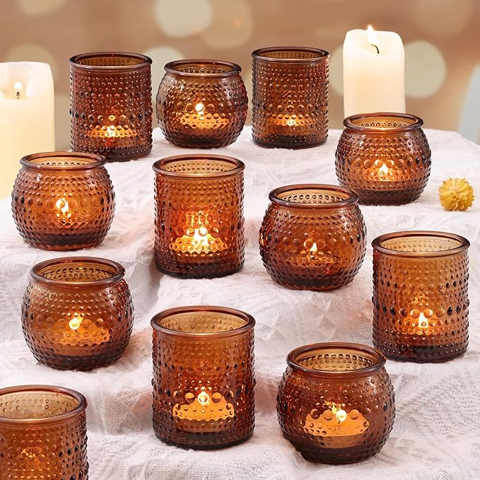 16 Pcs Assorted Amber Candle Holders- Amber Tealight Candle Holder for Fall Wedding Decor, Votive Candle Holders for Fall Home Decorations, Vintage Table Decor