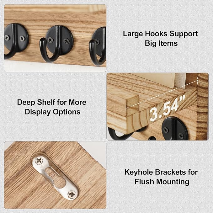 Key Holder for Wall, Decorative Key and Mail Holder with Shelf Has Large Key Hooks for Bags, Coats – Paulownia Wood Key Hanger with Mounting Hardware (9.8”W x 6.7”H x 4.2”D) (Burnt Wood)