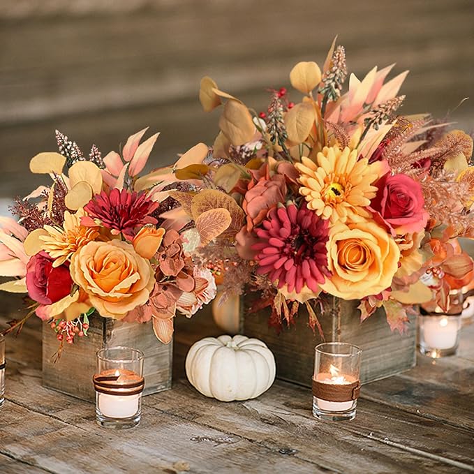 Artificial Fall Flowers Bouquet for Decoration, Fall Fake Silk Flower Arrangements Faux Autumn Flowers Fall Decorations for Home Indoor Office Wedding Bride Bouquets Tables Centerpieces Fall Decor