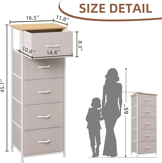 Somdot Dresser for Bedroom with 5 Drawers, Storage Organizer Chest of Drawers with Removable Fabric Bins for Closet Bedside Living Room Laundry Entryway Hallway, Ash Grey