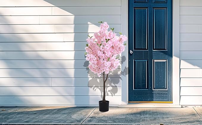 Artificial Cherry Blossoms Tree with Blooming Pink Flowers for Indoor Home Decor, Japanese Style Faux Plant for Living Room, Office, Bedroom - Tall Fake Tree with Branches, Outdoor Decoration 4FT