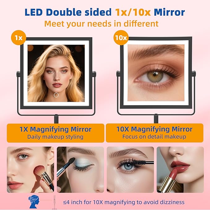 Ruacq Vanity Mirror with Lights, Height & Brightness Adjustable, Rechargeable 4000mAh Lighted Makeup Mirror with Magnification 1X/10X, 3 Color Lights & 360° Rotation (Matte Black-Table)