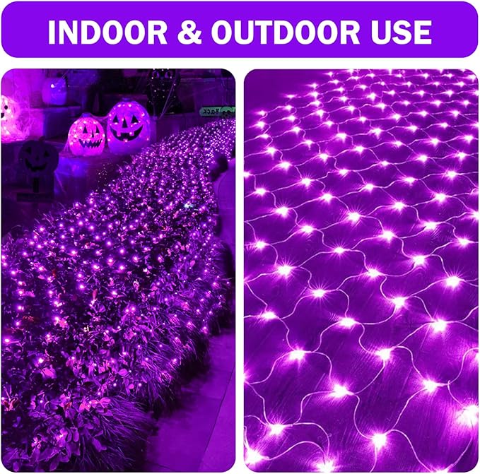 HeKation Halloween Net Lights Outdoor, Purple Halloween Net Mesh Lights 200 Led Bulbs Waterproof, for Indoor, Curtain, Tree, Bush, Party, Wedding, Fairy, Wall(9.8'x6.6', Plug in)