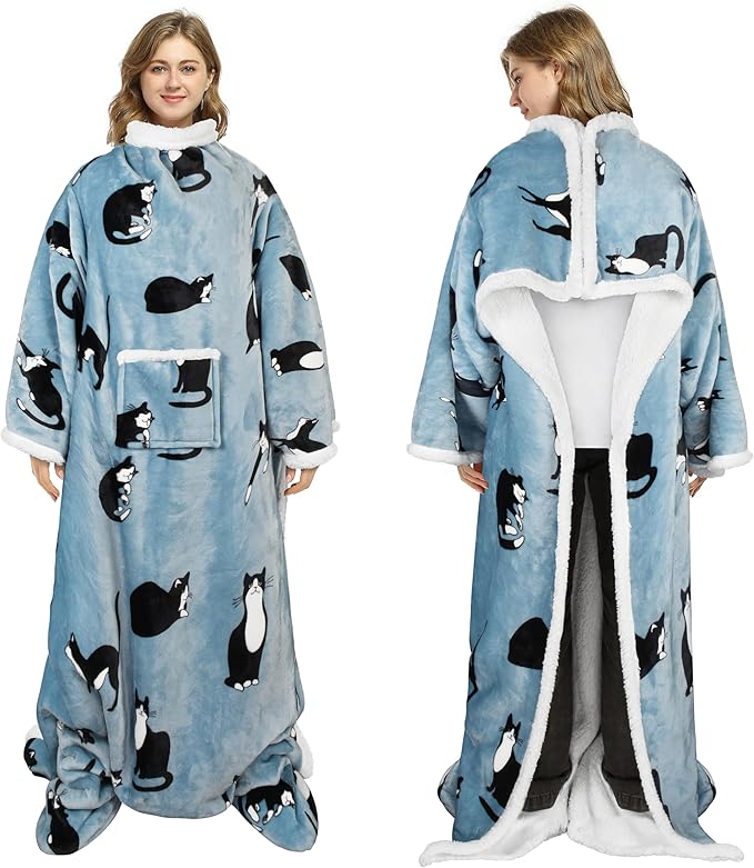 Catalonia Sherpa Wearable Blanket with Sleeves & Foot Pockets for Adult Women Men, Comfy Snuggle Wrap Sleeved Throw Blanket Robe, Gift Idea, Wonder Cat