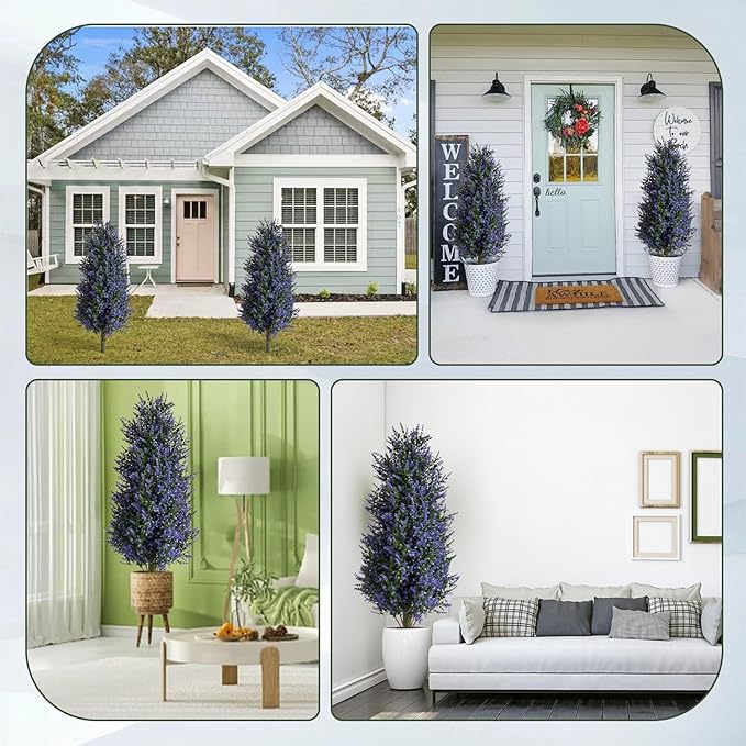 MGWILL 3FT Artificial Lavender Topiary Tree, Set of 2 Artificial Shrubs Fake Bushes with Spike, Faux Lavender Plants for Porch, Artificial Plants for Outdoor Planters Indoor UV Resistant