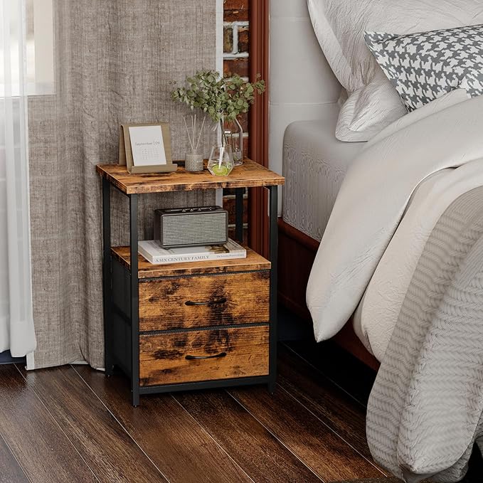 Fixwal Rustic Brown Night Stand with Charger Station, Nightstand with Charging Station & Fabric Drawers
