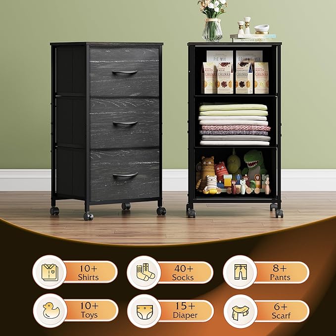 WLIVE Dresser with 3 Drawers, Fabric Nightstand, Cabinet with Wheels, Organizer Storage Dresser for Bedroom, Office, Closets, Sturdy Steel Frame, Easy Pull Handle, Charcoal Black Wood Grain Print