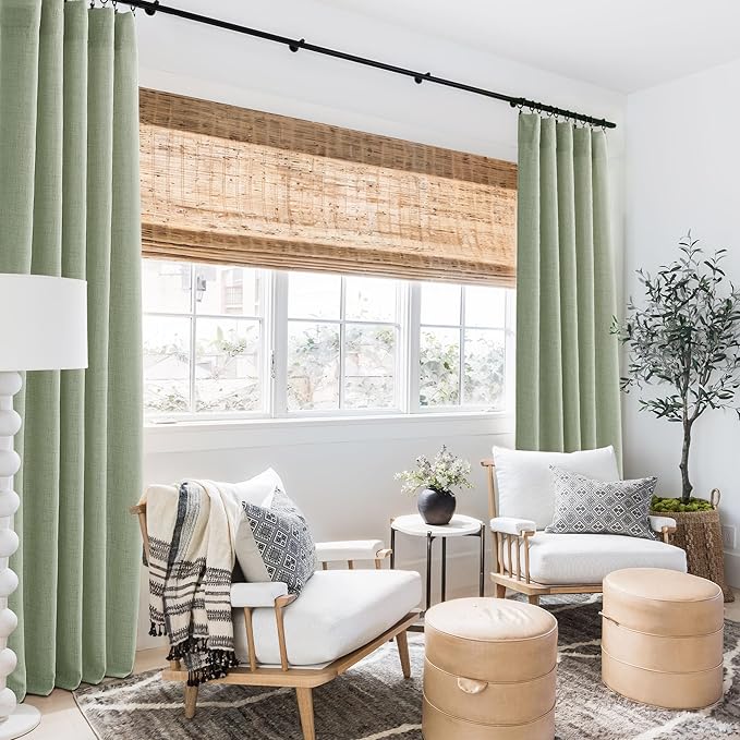 RYB HOME Linen Sheer Curtains and Drapes for Living Room and Dining Room 102 inches Length, Breathable Weave Textured/Rod Pocket Semi Sheer Curtains, Sage Green, W 52 x L 102 inches, 2 Panels Set