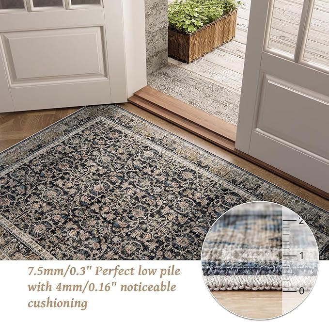 Washable 4x6 Rugs for Living Room, Boho Non-Slip Silicone Backing Small Rugs for Bedroom Nursery Office, 0.3" Neutral Oriental Throw Carpet with 0.16" Cushioning Pad, Black/Multi