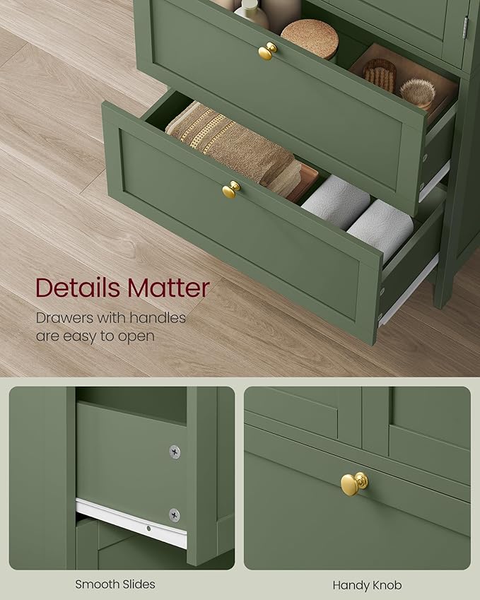 VASAGLE Floor Storage Cabinet, Freestanding Storage Unit with 2 Drawers and 2 Doors, Adjustable Shelf, 11.8 x 23.6 x 43.3 Inches, for Entryway, Bathroom, Forest Green UBBC551C01