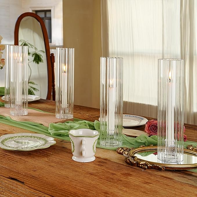 Hurricane Candle Holder Thickened Ribbed Cylinder Covers Taper Candle Sticks Holder Glass Tall Candlesticks Holders Centerpiece for Wedding Dining Table, 10 Pcs