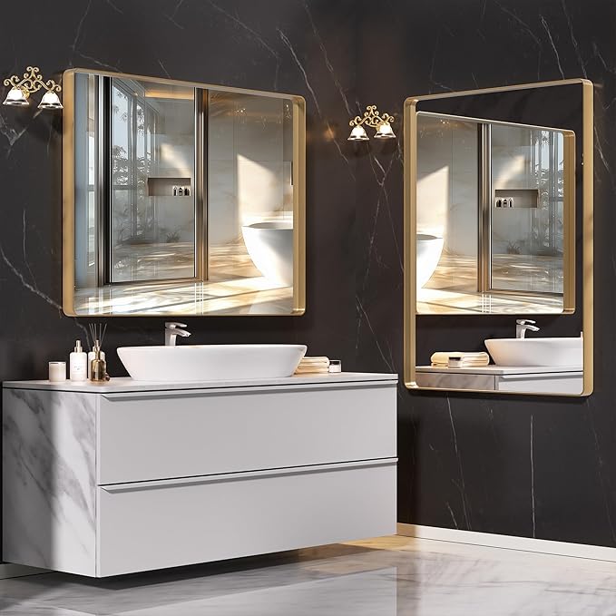 Hasipu 2 PCS Bathroom Mirror for Wall, 36 x 30 Inch Gold Metal Framed Bathroom Mirrors for Over Sink, Rectangle Bathroom Vanity Mirror, Anti-Rust, Tempered Glass, Horizontal or Vertical