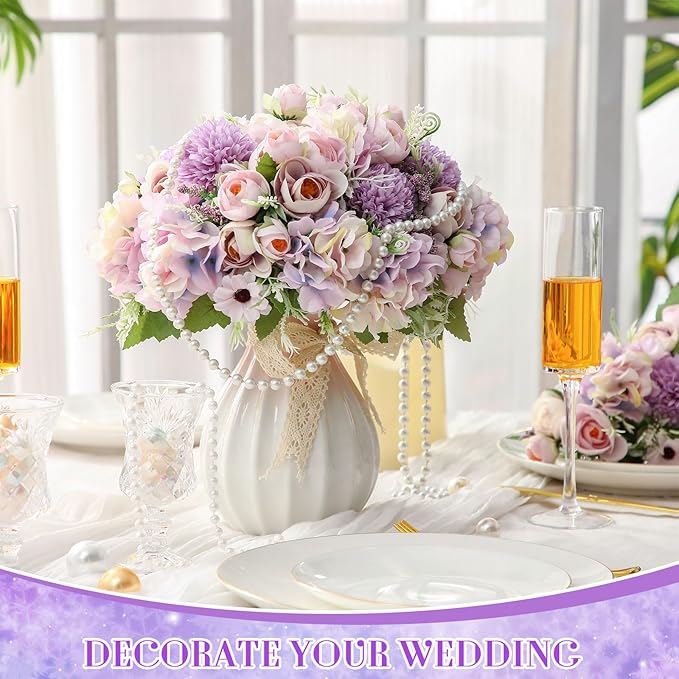 Tigeen 12 Bundles Peonies Artificial Flowers Faux Roses Silk Flowers Hydrangea Artificial Bouquet for Wedding Table Centerpiece Floral Vase Home Office Bridal Decor (Purple,Pink)