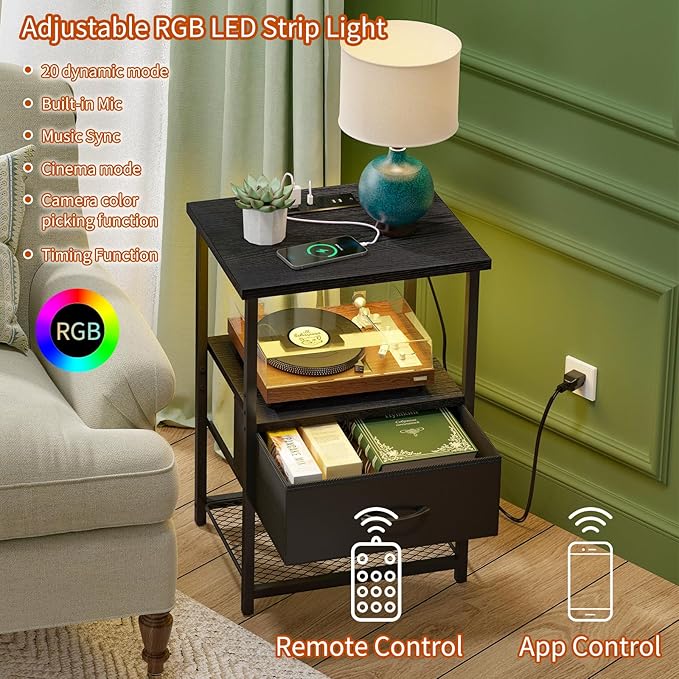 Fixwal Night Stand Set of 2 with Charging Station, LED Nightstand with Fabric Drawers, End Table with PU Finish, Bed Side Table, Black