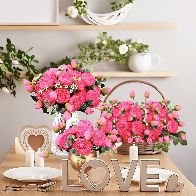Hoteam 24 Bundles Artificial Peonies Flowers Wedding Faux Flowers Silk Peony Bouquet Bulk Bride Fake Florals Arrangements for Table Centerpieces Wedding Party Vase Decor (Hot Pink)