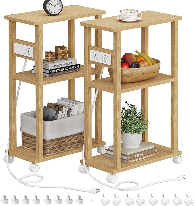TUTOTAK Small Narrow Side Table with Charging Station, Skinny End Table for Small Spaces, Slim Nightstand with USB Ports and Outlet, Sofa Beside Table with Wheels, Natural TB01BN047