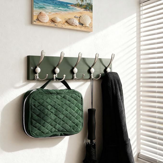 SKOLOO Creations Forest Green Solid Wood Wall Mounted Coat Rack, 5 Hooks, 17" Long - Kitchen, Mudroom, Entryway, Bathroom - Includes Mounting Hardware, Wall Coat Hanger, Towel Rack