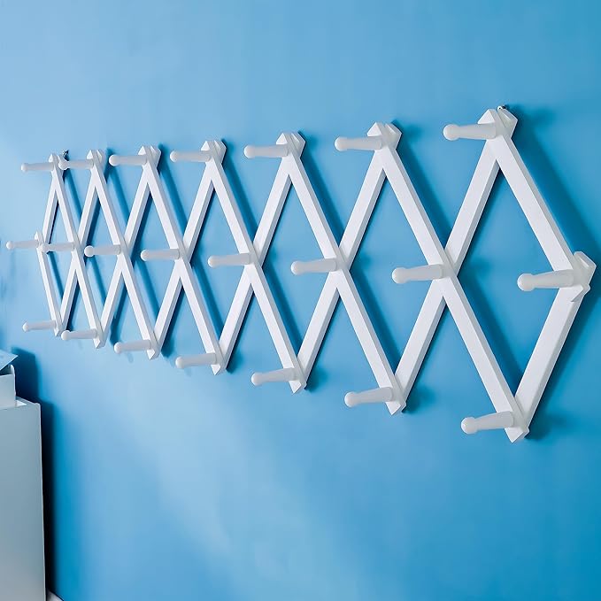SKOLOO Accordion Wall Hanger with 22 Hooks, Modern Expandable Coat Rack Hat Rack for Wall, Solid Wooden, White