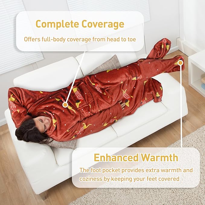 Catalonia Xmas Dachshund Print Wearable Blanket with Sleeves and Foot Pocket – Ultra-Soft Warm Fleece Long Throw Snuggly Blanket for Sleeping & TV Time – Cozy Christmas Gift for Women & Men