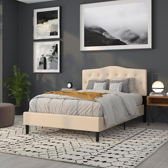 Flash Furniture Cambridge Button Tufted and Diamond Stitched Upholstered Full Size Headboard in Beige Fabric