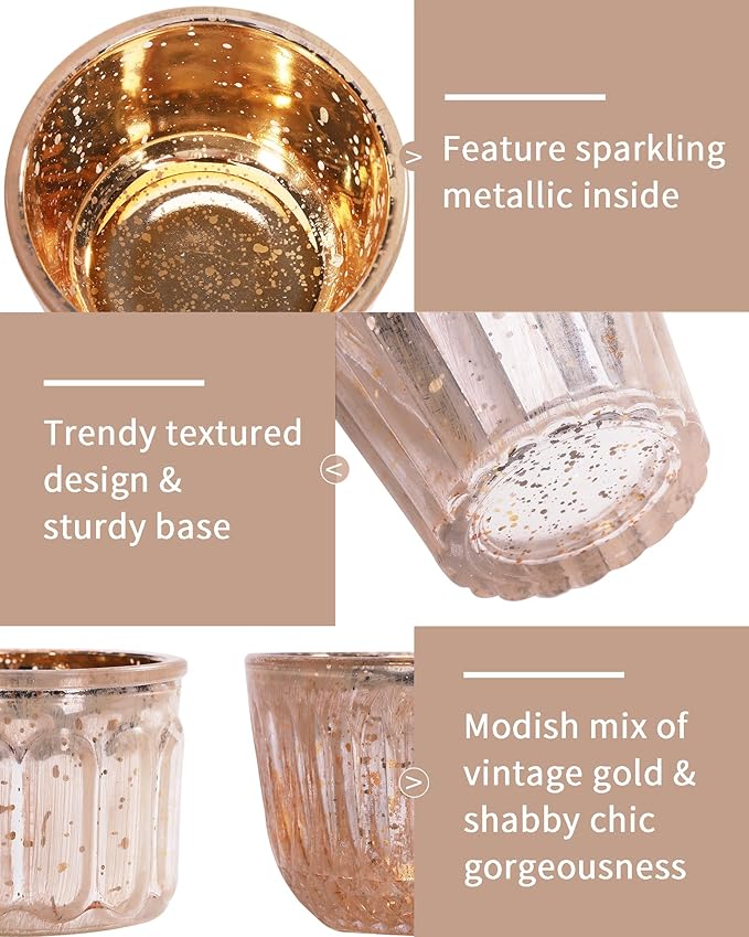 DN DECONATION 8PCS Gold Mercury Glass Candle Holder, Assorted Mercury Glass Votive Candle Holders, Vintage Tea Light Candle Holder for Wedding, Parties, Centerpieces, Decorations
