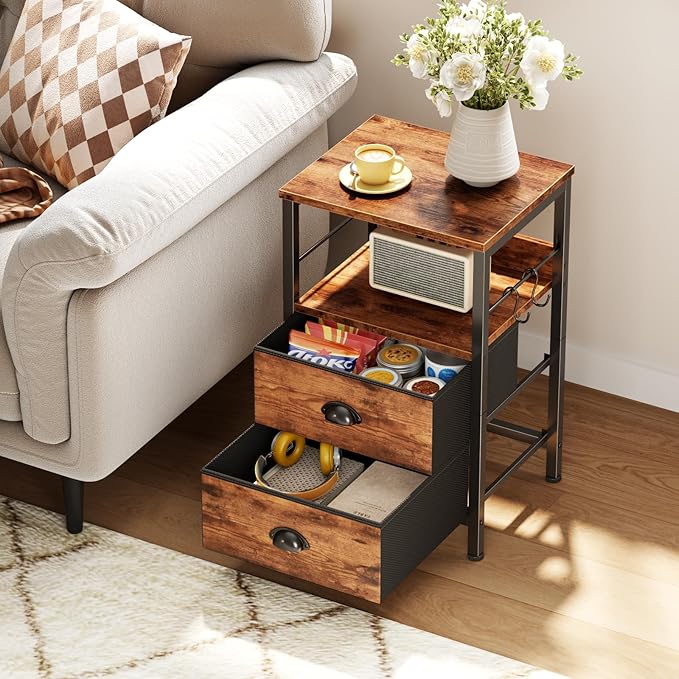 Furologee Nightstand with 2 Fabric Drawers, Night Stand with 2-Tier Shelf, Bedside Table with Hooks, Open Wooden Shelf, End Table for Bedroom, Backboard Design, Metal Frame, Rustic Brown