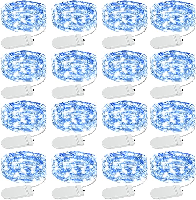 Olafus 16 Pack Blue Fairy Lights Battery Operated, IP68 Waterproof Mini String Light, 7ft Small LED Bottle Light for Wedding Vase Centerpieces Table Decorations Christmas Indoor Party Jars Gift